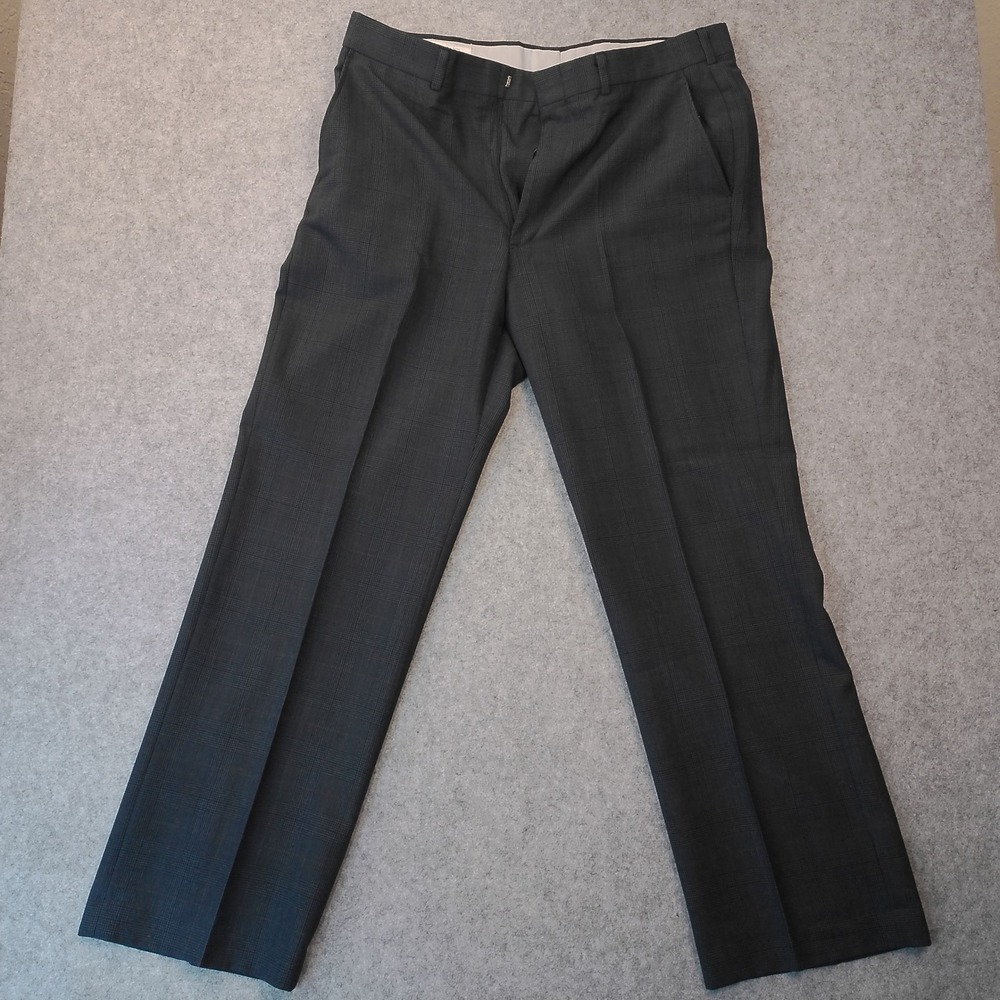 Towncraft Mens Gray Glen Plaid Worsted Wool Blend Dress Pants 34x30 Flat Front